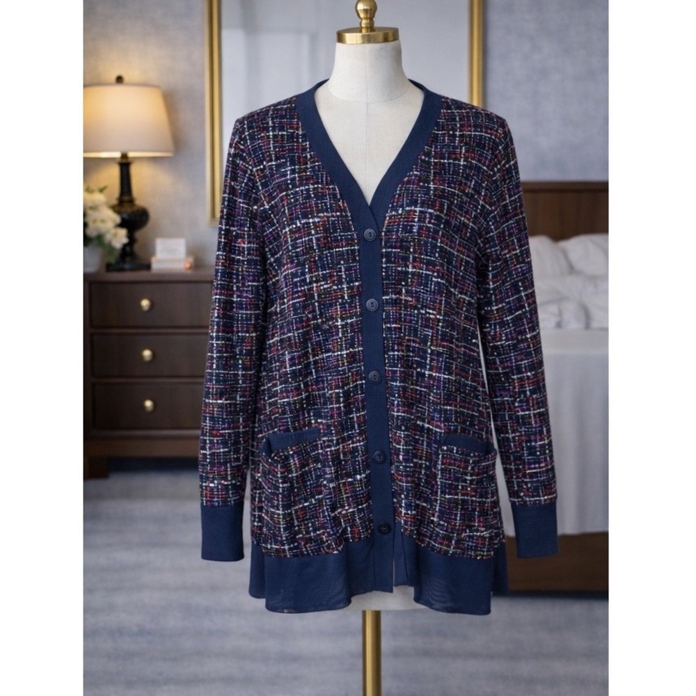 Chico's Cardigan Sweater Size 1 US Medium Navy‎ Pink Plaid Mesh Button Front